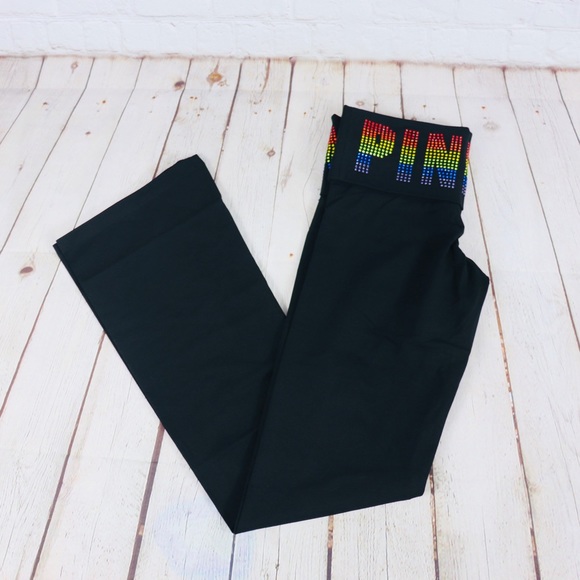 VS Pink Bling Rainbow Yoga Leggings Foldover Flare - Picture 3 of 5